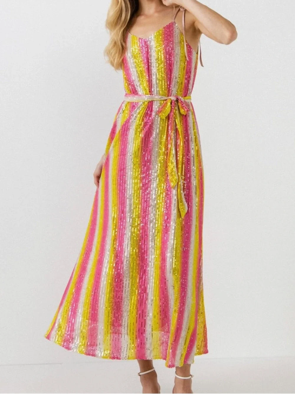 English Factory Striped Sequins Belted Maxi Dress Multi-Color A-line NWT Sz S English Factory Striped Sequins Belted Maxi Dress Multi-Color A-line NWT Sz S